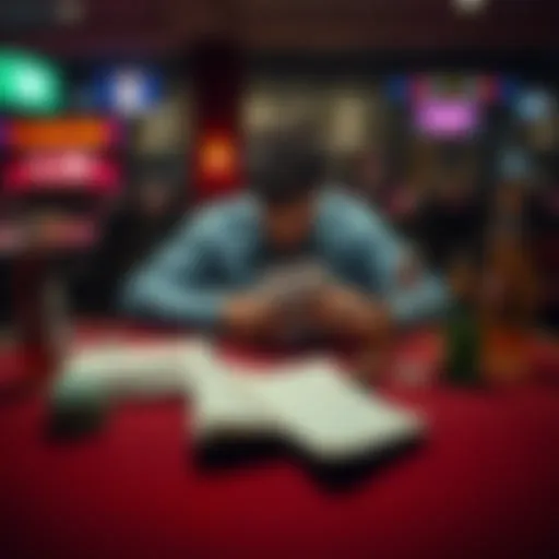 A person sitting alone at a table, looking distressed while holding a gambling receipts. Empty bottles and a notebook with debts are on the table, highlighting the impact of gambling addiction.