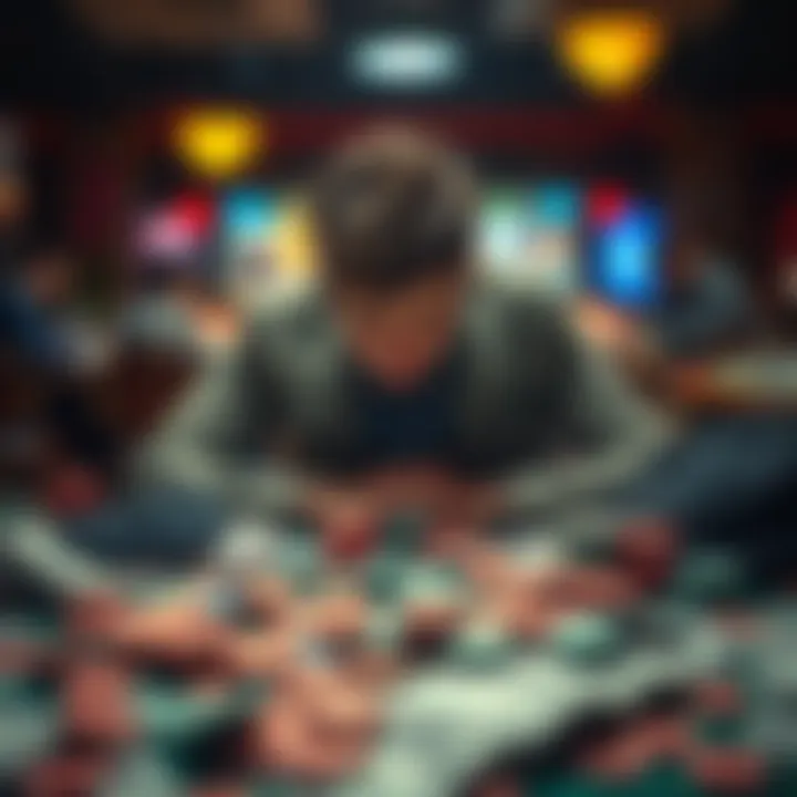A person sitting at a cluttered table filled with casino chips and bills, looking distressed and overwhelmed, symbolizing the burden of gambling addiction.