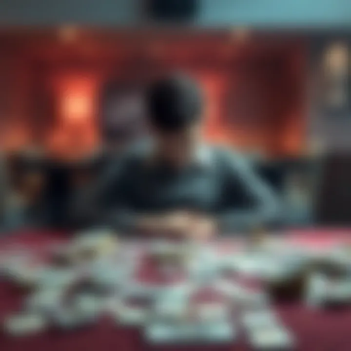 Gambling Addiction Struggle A person sitting alone at a table with bills scattered around, looking distressed and lost in thought, symbolizing the impact of gambling addiction on finances and emotions.