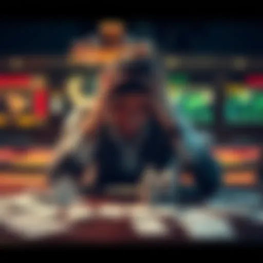 Individual sitting at a table with head in hands, showing signs of distress from gambling addiction, with empty betting slips around them