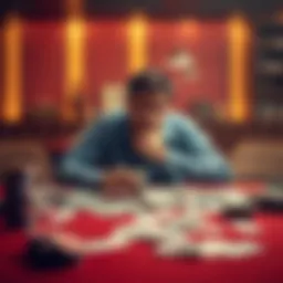 A person sitting at a table surrounded by playing cards and bills, looking stressed and worried about their financial situation.