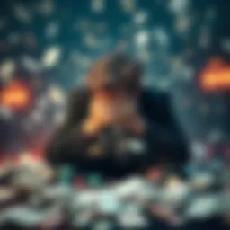 22-year-old individual showing distress over gambling addiction, with a chaotic environment of playing cards and money around them