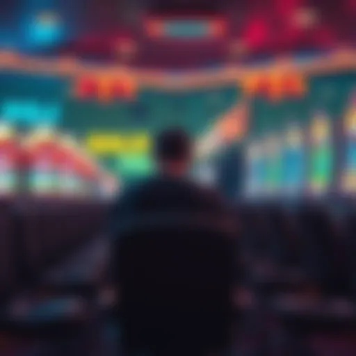 A person sitting alone at a poker machine, looking distressed, surrounded by bright lights and empty chairs, symbolizing the isolation of gambling addiction.