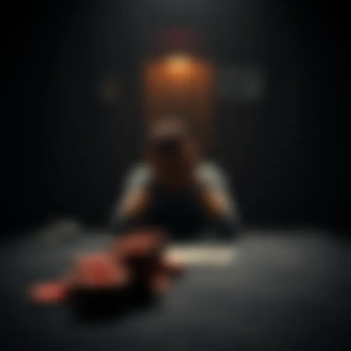Gambling Addiction Struggles A person sitting alone at a dimly lit table with a stack of poker chips, looking defeated and overwhelmed, symbolizing the emotional toll of gambling addiction.