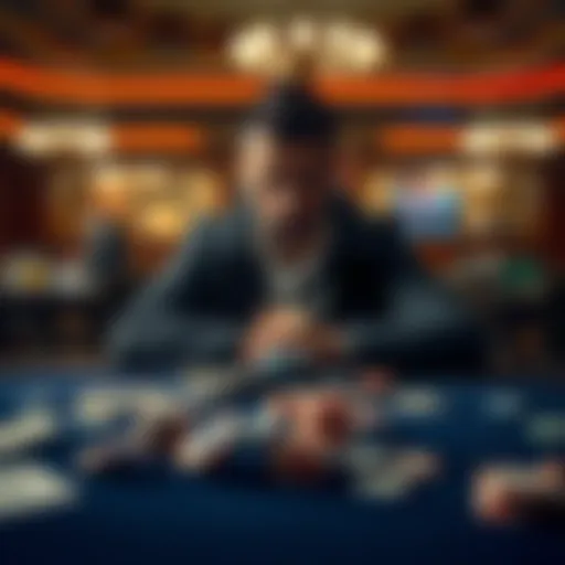 A man sits alone at a table, looking stressed with money and gambling chips scattered around, symbolizing the impact of gambling addiction on family life.