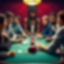 A group of diverse people gathered around a table with playing cards and chips, discussing gambling strategies and sharing advice.