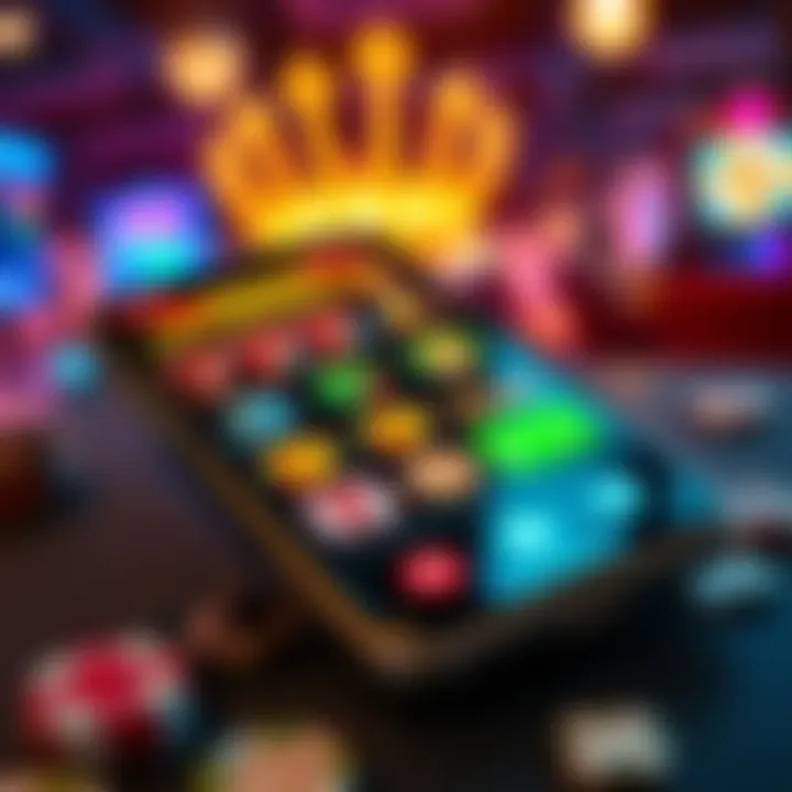 A smartphone displaying various gambling apps, highlighting a slot machine and poker game interface.