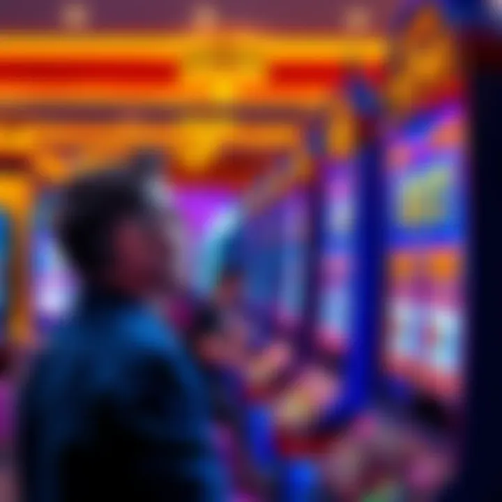 A person observing a slot machine displaying bonus buy options with excited expressions, showcasing potential winnings in the background.