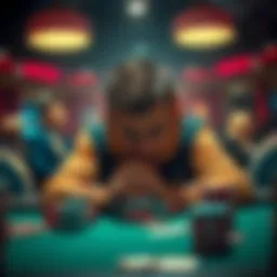 A person looking at a poker table with a worried expression, holding their head in their hands, surrounded by chips and cards.