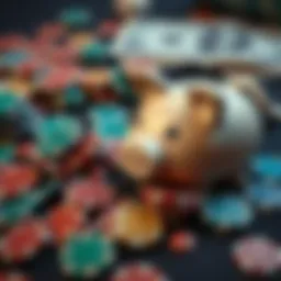 A close-up of scattered gambling chips next to a broken piggy bank, representing financial loss due to gambling addiction