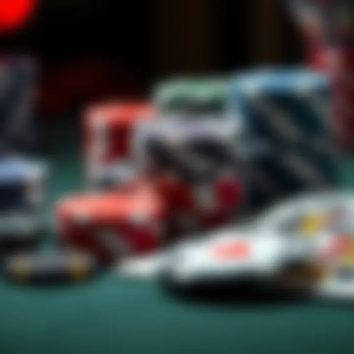 A close-up of poker chips and playing cards on a table, symbolizing gambling and the risk of loss.