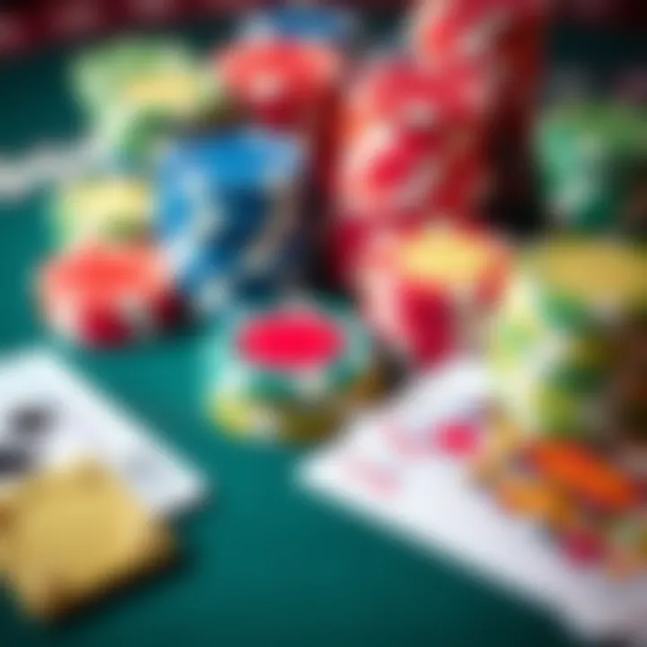 A close-up of colorful gambling chips and playing cards on a table, representing the risks and excitement of gambling culture.