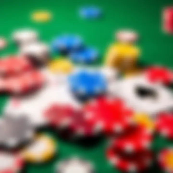 A close-up of colorful gambling chips and playing cards scattered on a green felt table, highlighting the excitement of betting.