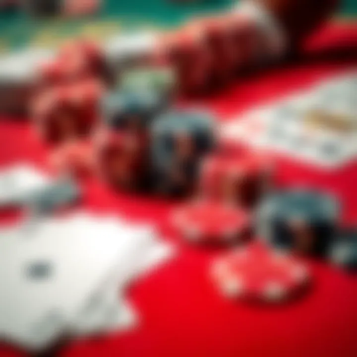 Close-up of poker chips and playing cards spread on a gambling table, showing an organized and calm betting environment.