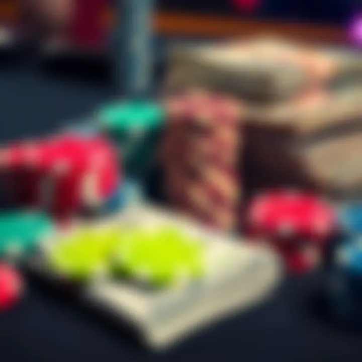 A close-up of colorful gambling chips on a table next to stacks of cash, representing the concept of cashing out in gambling.