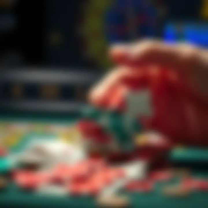 A hand holding casino chips with a pile of cash on the side, symbolizing the choice between cashing out or continuing to gamble.