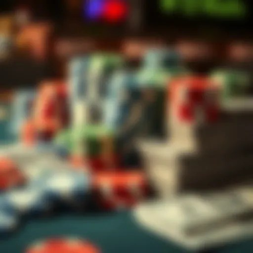 A close-up of colorful gambling chips and stacks of cash on a table, illustrating the stakes of high-stakes gambling.