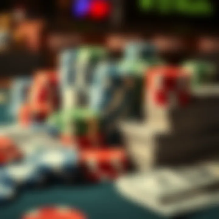 A close-up of colorful gambling chips and stacks of cash on a table, illustrating the stakes of high-stakes gambling.
