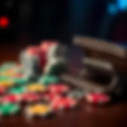 A close-up of gambling chips scattered on a table next to a wallet that is empty, symbolizing losses in online gambling.