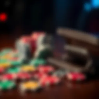 A close-up of gambling chips scattered on a table next to a wallet that is empty, symbolizing losses in online gambling.