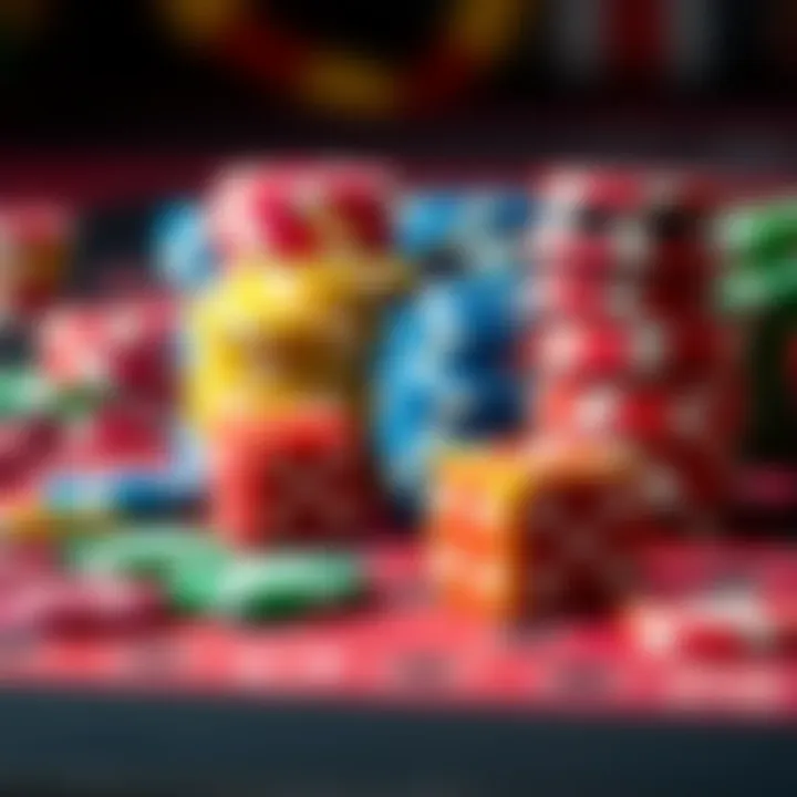 Gambling Chips and Dice Close-up of colorful gambling chips and dice on a table, representing the excitement and risk of betting.