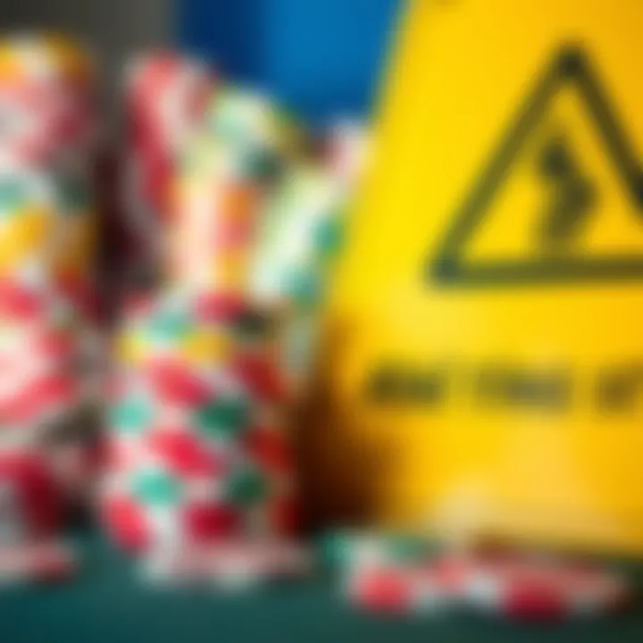 A stack of colorful gambling chips next to a caution sign warning against risky betting strategies