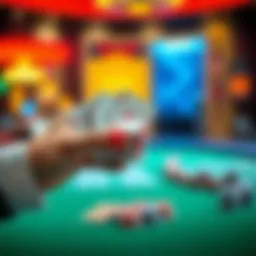 A hand holding poker chips with a blurred casino background, illustrating the decision to cash out or continue playing.