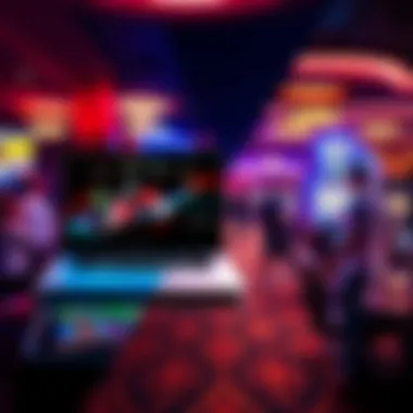 A split image showing online gambling on a laptop and people enjoying a casino floor with slot machines and tables.