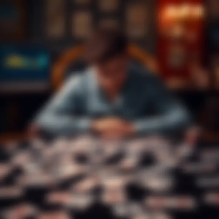 A person with a sad expression at a table filled with playing cards, reflecting on their gambling struggles.