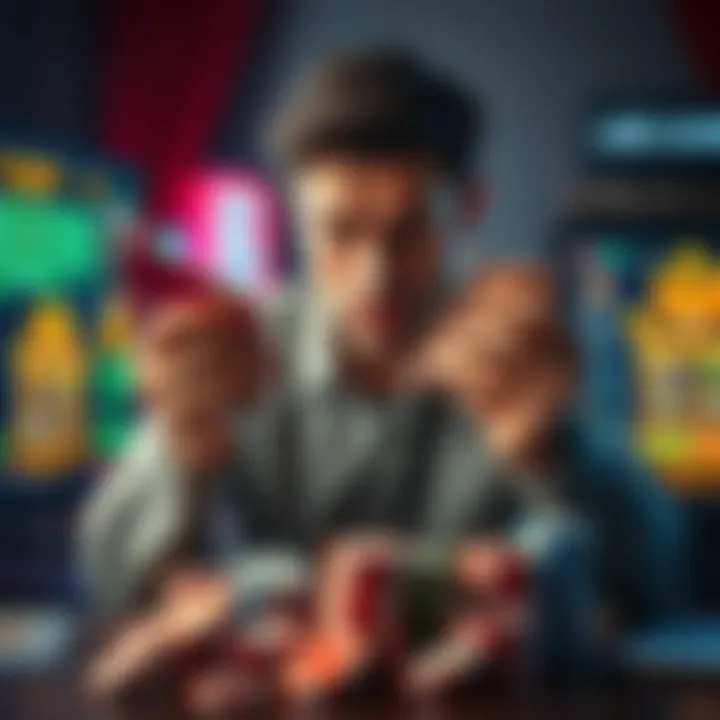 A person looks distressed while holding bills and credit cards, surrounded by gambling chips and a computer screen showing gambling games.