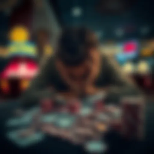 A person sitting alone at a table with their head in their hands, surrounded by casino chips and bills, expressing deep sadness and hopelessness.