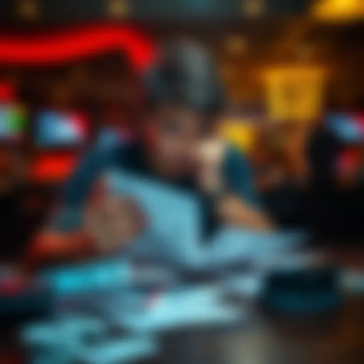 A person looking worried while reviewing bills and gambling receipts at a table