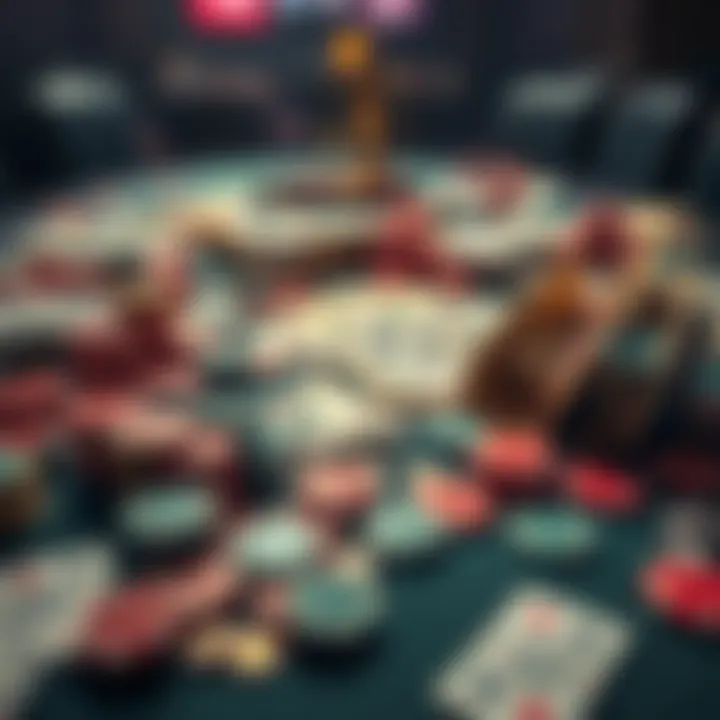 A table cluttered with casino chips and bills representing gambling debts, showing the impact of addiction on finances.