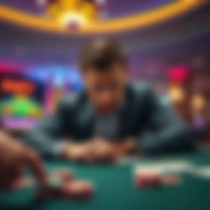 A person contemplating whether to cash out or continue gambling at a casino table with chips and cards