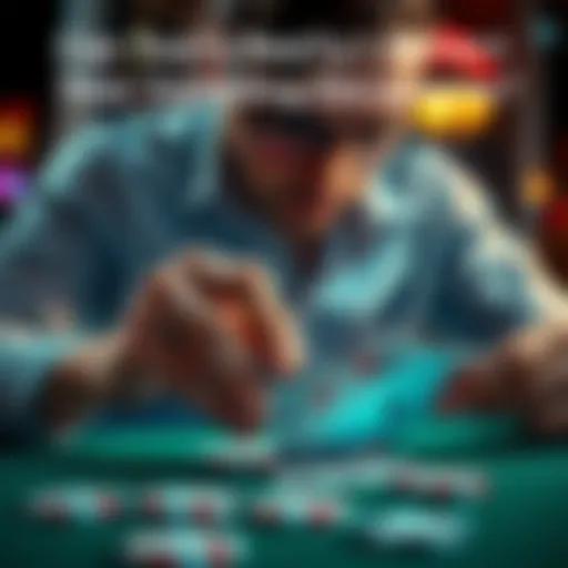 A person examining poker cards and using a digital tool to track gambling decision styles.