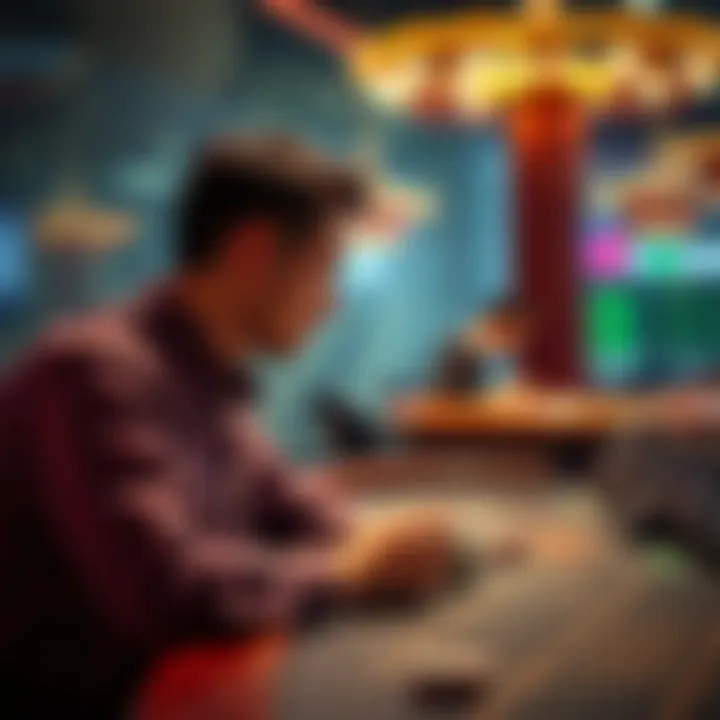 A person contemplating their options while looking at a betting table, weighing the choice between taking a risk or cashing out.