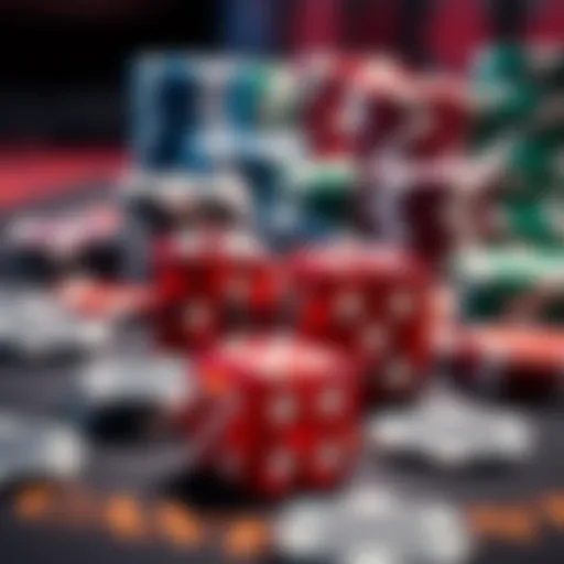 A close-up of colorful gambling dice and poker chips on a table, symbolizing the allure of gambling.