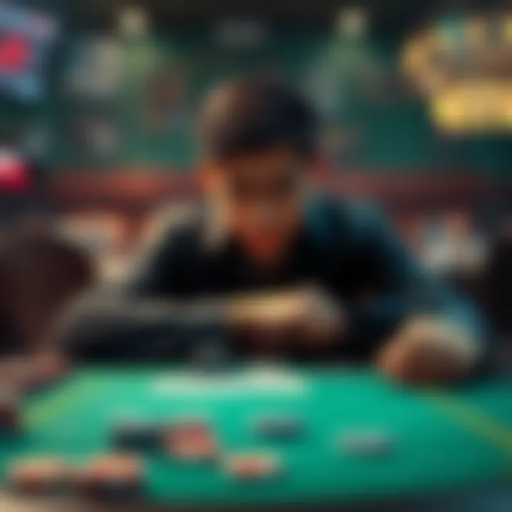 A person sitting at a gaming table, looking stressed and uncertain while considering their next bet, surrounded by casino chips and cards.