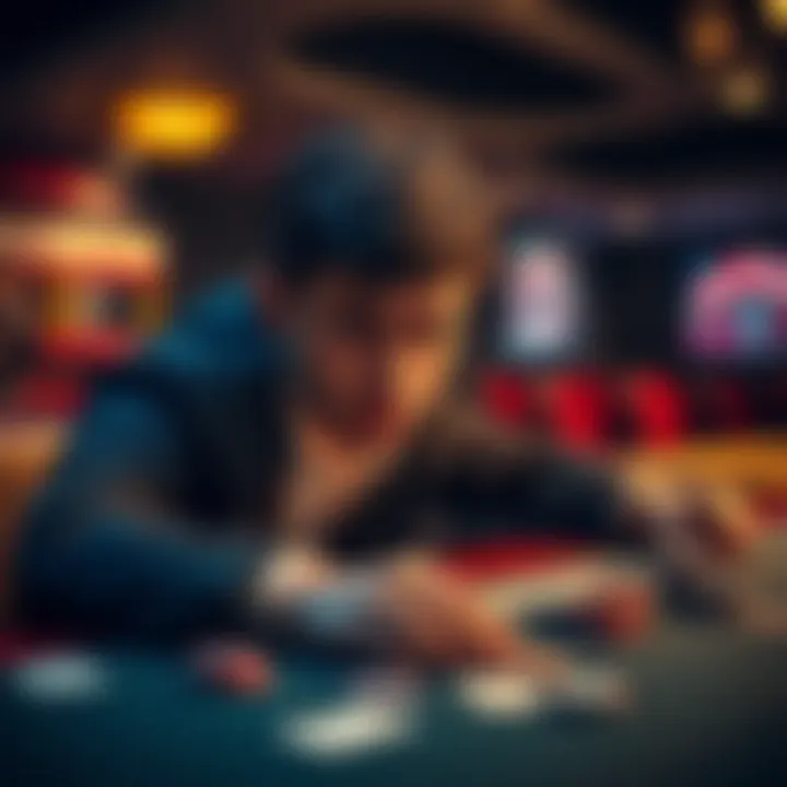 A person with a worried expression staring at a gambling table with cards and chips scattered around, showing signs of financial and emotional struggle