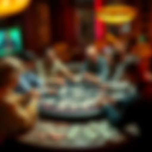 A group of people sharing stories about their gambling wins and losses at a round table, with cash and cards in the center.