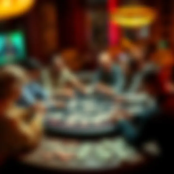 A group of people sharing stories about their gambling wins and losses at a round table, with cash and cards in the center.
