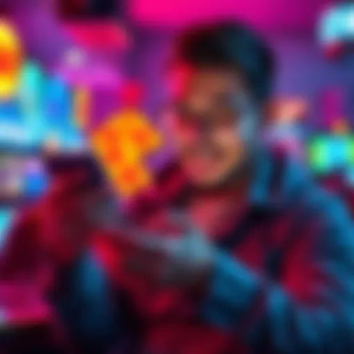 A person excitedly looking at mobile gambling apps on their phone, considering games with high payouts.