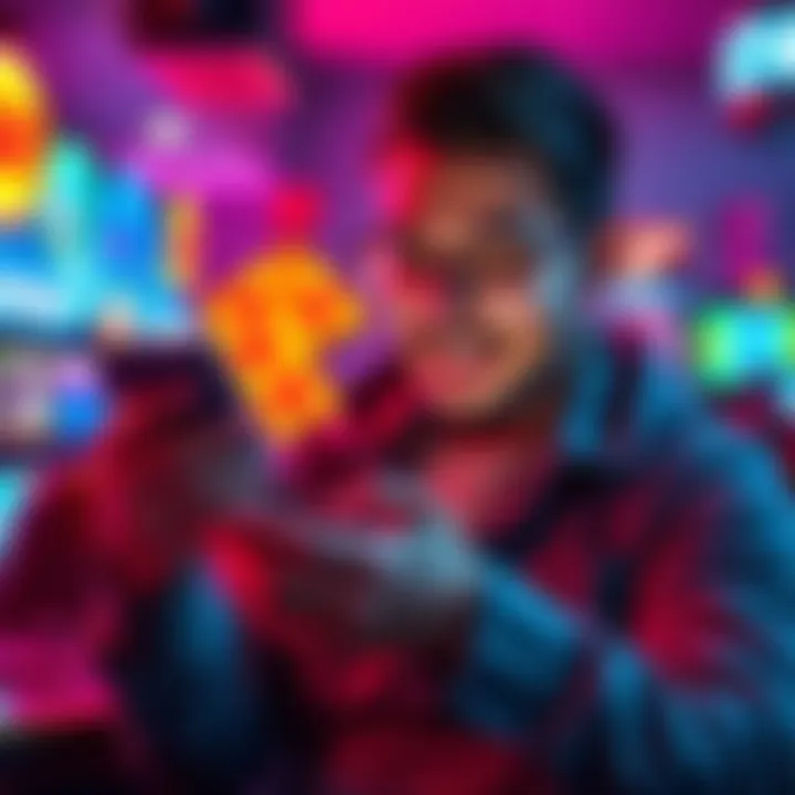 A person excitedly looking at mobile gambling apps on their phone, considering games with high payouts.