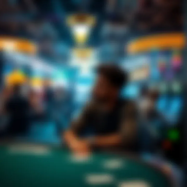 A person sitting at a crowded casino table, looking stressed while others around them cheer. Bright lights and slot machines in the background show an overwhelming gambling atmosphere.