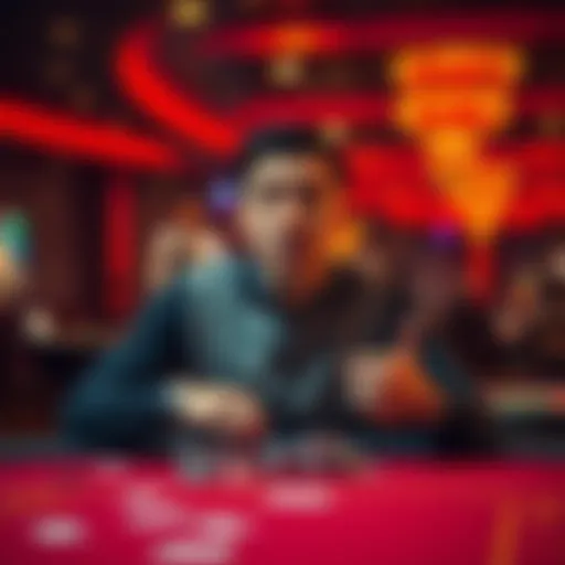 Gambling Excitement A person sitting at a casino table with chips and cards, looking excited but anxious about their next gamble.