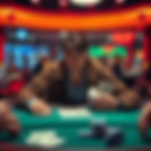 A person sitting at a poker table with cash and a worried expression, contemplating a risky bet with money owed to a friend.