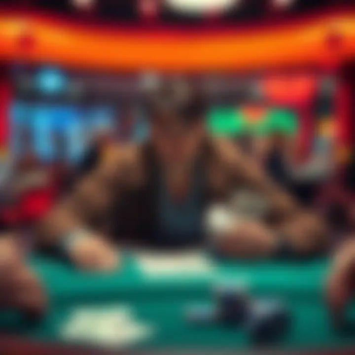 A person sitting at a poker table with cash and a worried expression, contemplating a risky bet with money owed to a friend.