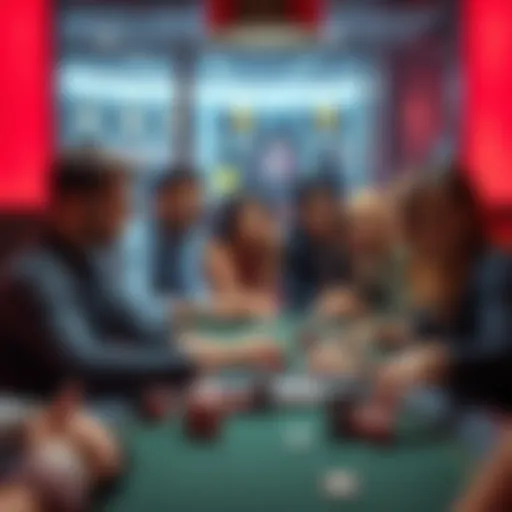 A group of men and women gathered around a poker table, engaged in a lively game, representing diverse gender participation in gambling.