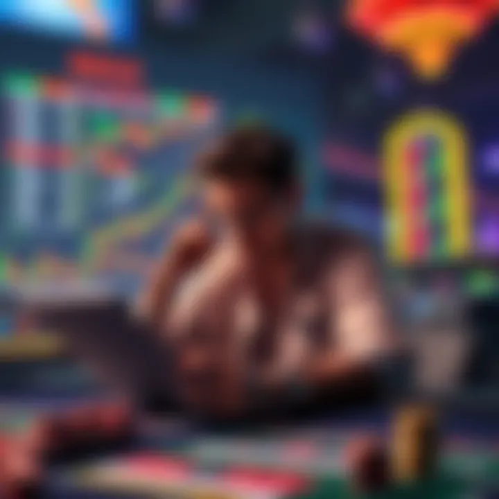 A person contemplating a decision at a betting table while reviewing financial charts