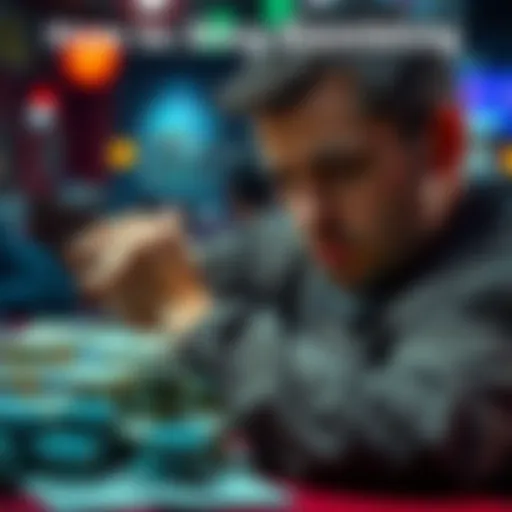 A person looking at a pile of money and a betting slip with a worried expression, symbolizing the struggle with gambling addiction.